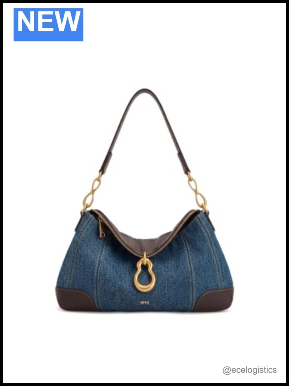 Washed Denim Hobo Shoulder Bag with Gold Hardware, Pendant Embellished, Handbag